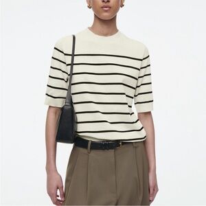 COS Finely Knit Striped Short Sleeve Cream and Black Tee Top Large